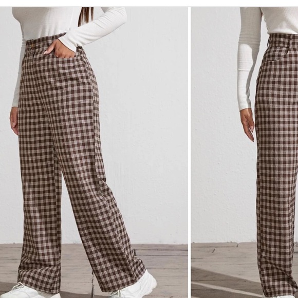 SHEIN Pants - Shein Brown Plaid Wide Leg Pants